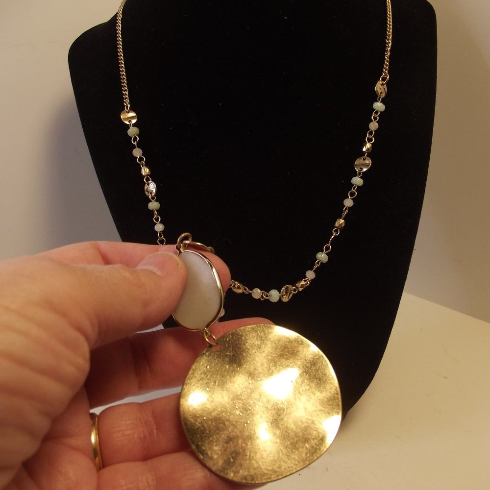 Jade & Jasper Necklace Gold Hammered Disc Pendant Gold wrapped Stone & Beads